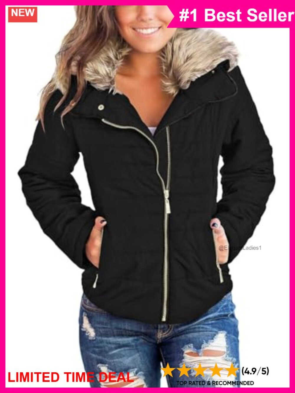 Faux Fur Lapel Quilted Puffer Parka Jacket Zip Pockets